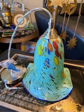 Murano Glass Hanging Lamp Turquoise Millefiori Ruffled Shade 9”x10” Wired